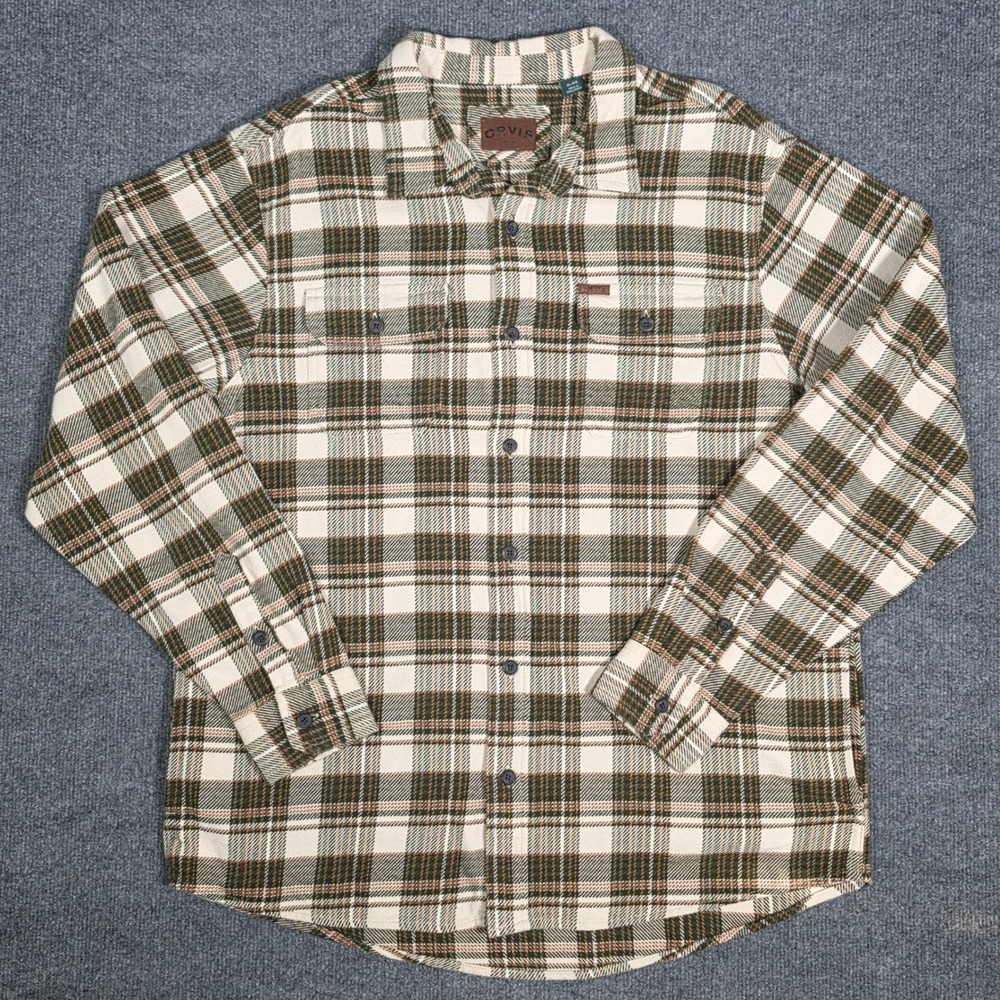 Orvis Mens XL Flannel Shirt Olive Green Cream Plaid‎ Long Sleeve Button Down